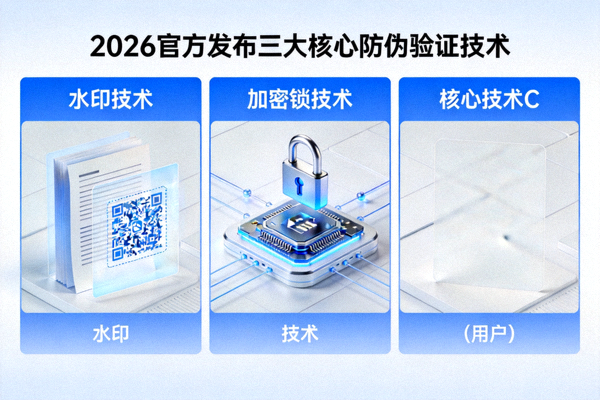 2026官方发布三大核心防伪验证技术图示，包含水印和加密锁