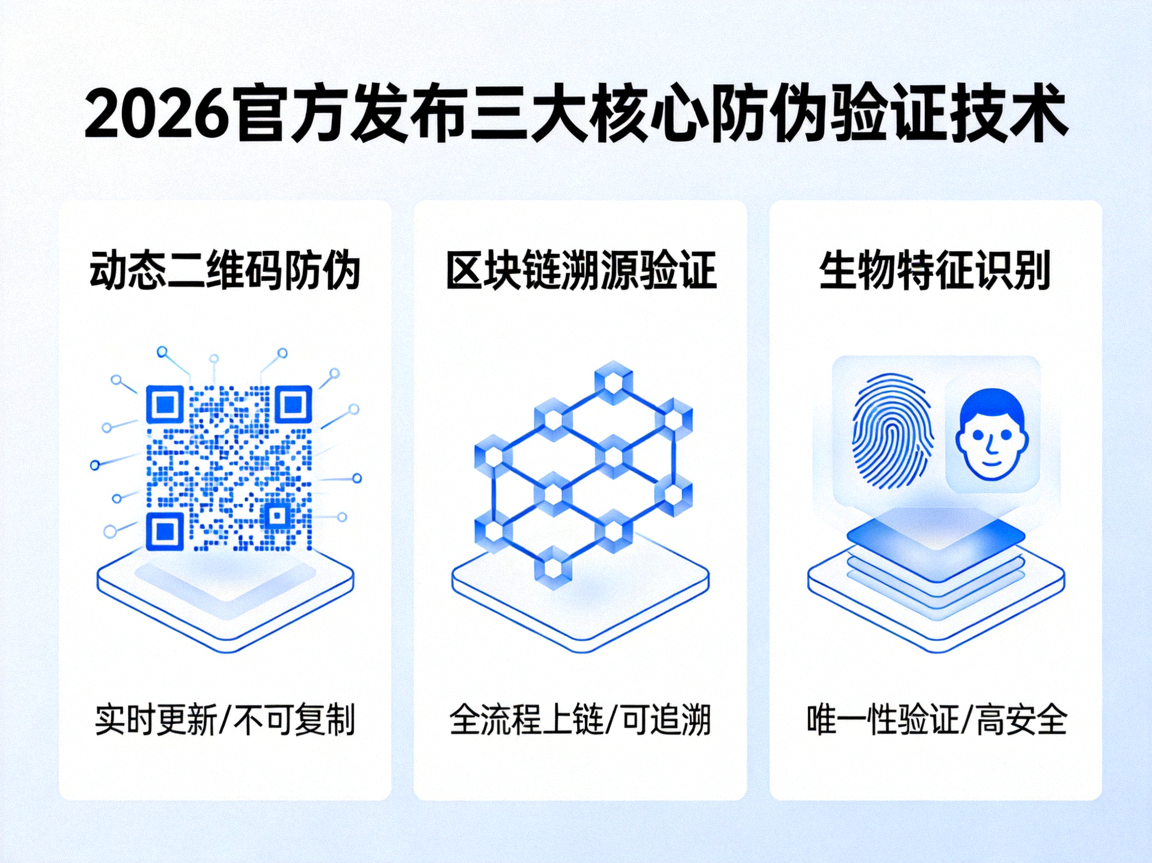 2026官方发布三大核心防伪验证技术图示，包含动态水印与加密标识概念图