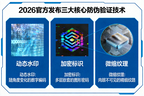 2026官方发布三大核心防伪验证技术图示，包含动态水印与加密标识