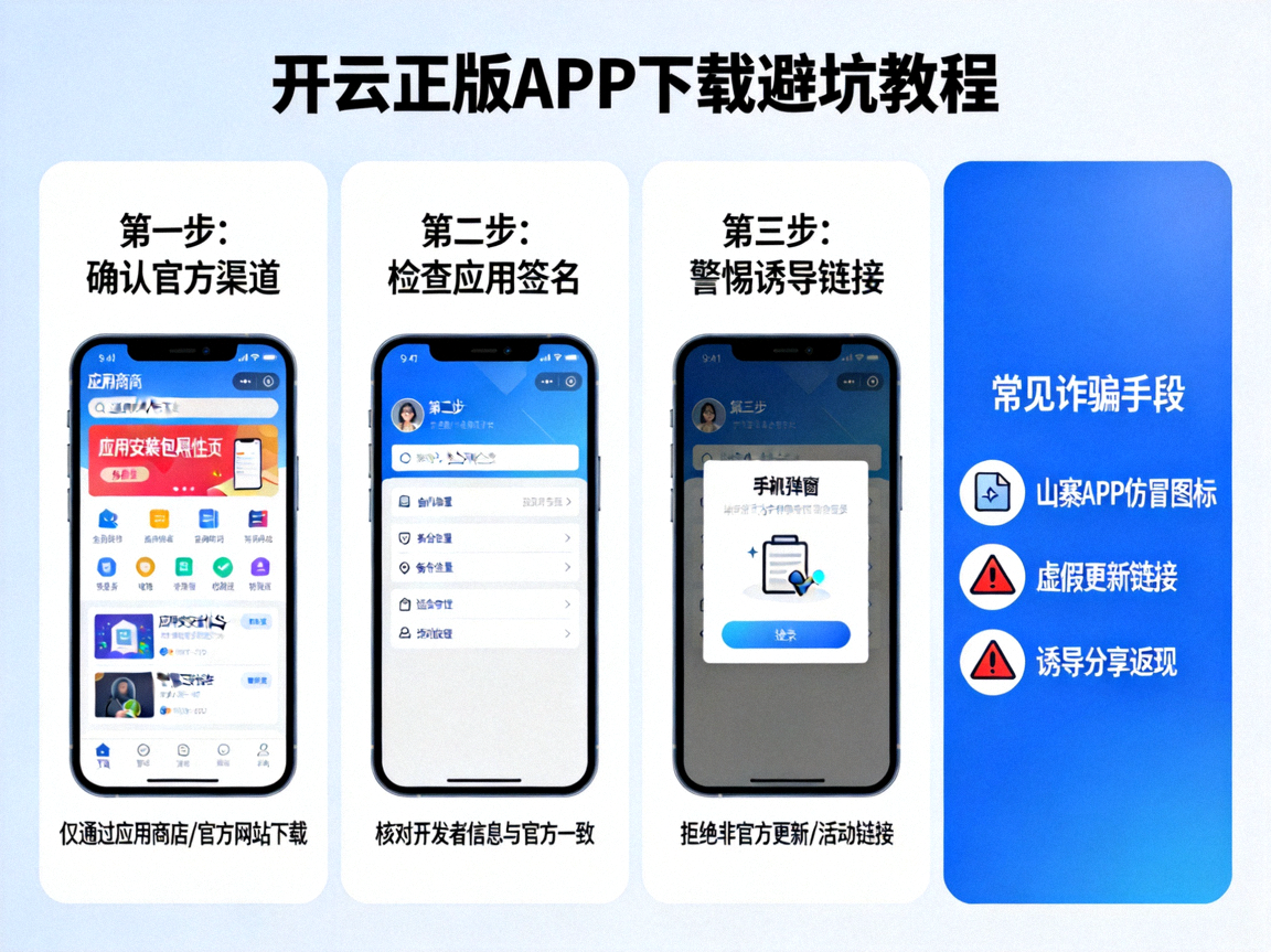 开云正版APP下载避坑教程示意图，展示官方应用商店与山寨应用对比