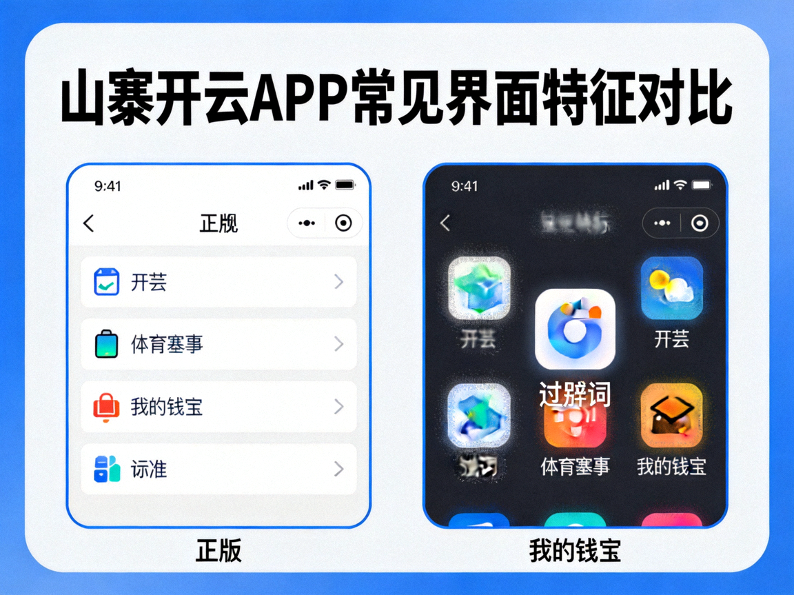 山寨开云APP常见界面特征对比图，包含错别字与粗糙图标