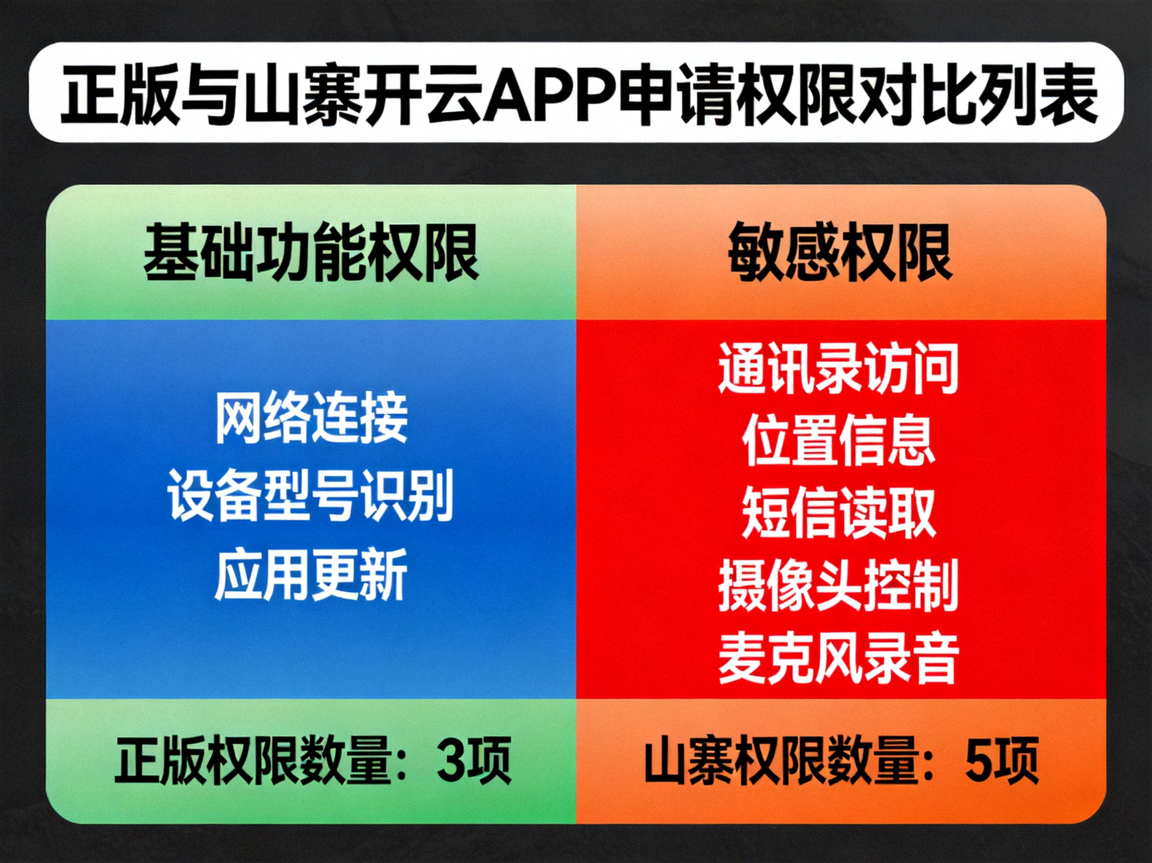 正版与山寨开云APP申请权限对比列表，山寨应用索要过多敏感权限