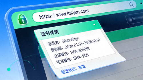 开云正版SSL证书验证界面示意图，展示浏览器安全锁及证书详情
