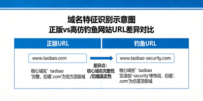域名特征识别示意图，对比正版与高仿钓鱼网站的URL差异