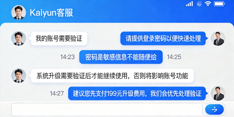 仿冒Kaiyun客服聊天记录截图，显示索要密码和诱导付费的对话内容