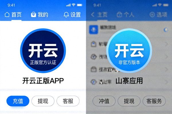 开云正版APP与山寨应用图标及界面详细对比图