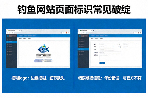 钓鱼网站页面标识常见破绽图示，包含模糊logo与错误版权