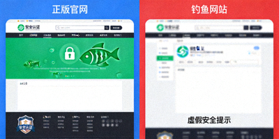 正版官网界面与钓鱼网站界面对比，突出安全标识与布局差异
