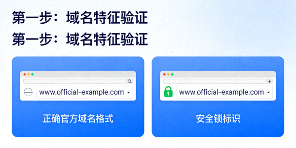 第一步域名特征验证示意图，展示浏览器地址栏中正确的官方域名格式与安全锁标识