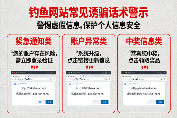 钓鱼网站常见诱骗话术警示图