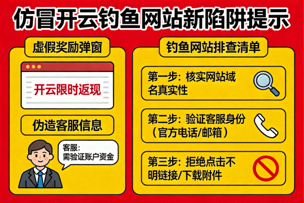 仿冒开云钓鱼网站新陷阱提示配图，展示新型诱导方式与排查清单