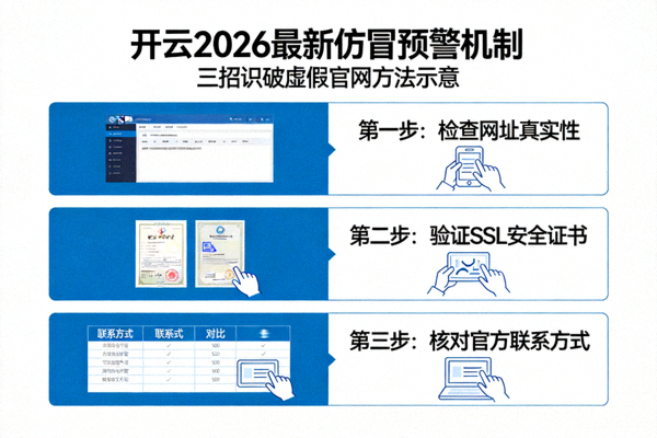 开云2026最新仿冒预警机制配图，展示三招识破虚假官网的方法示意