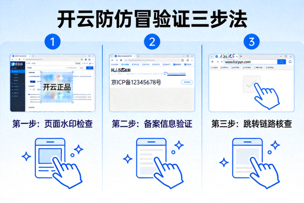 开云防仿冒验证三步法配图，展示页面水印、备案信息与跳转链路检查要点