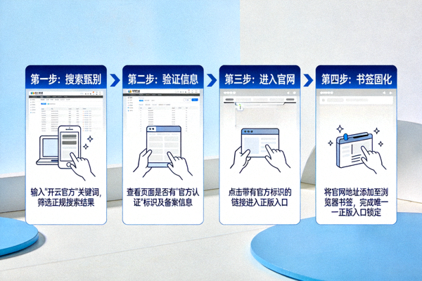 开云官方四步锁定唯一正版入口配图，展示从搜索甄别到书签固化的路径