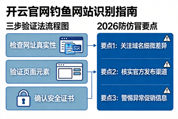 开云官网钓鱼网站识别指南配图，展示三步验证法流程图与2026防仿冒要点