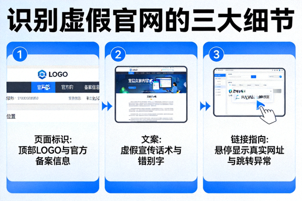 识别虚假官网的三大细节配图，标注页面标识、文案与链接指向的检查位置