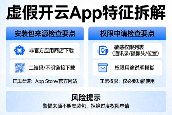 虚假开云App特征拆解配图，展示安装包来源与权限申请检查要点