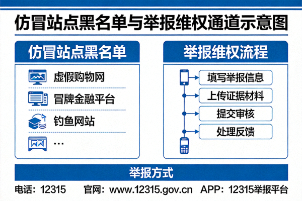 仿冒站点黑名单与举报维权通道示意图