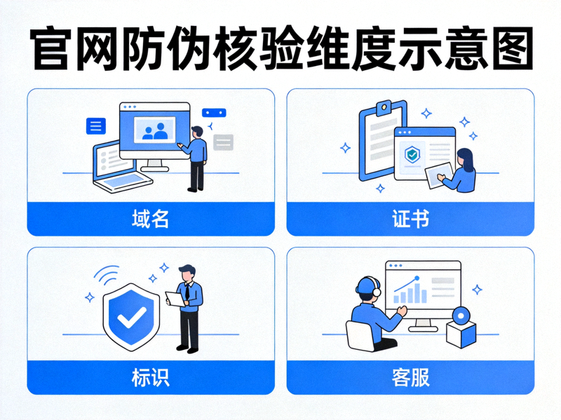 官网防伪核验维度示意图，展示域名、证书、标识、客服四项核验内容