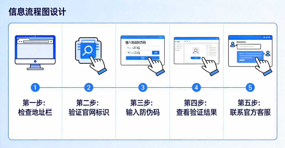 开云官网五步防伪核验流程图，从检查地址栏到联系官方客服依次排列