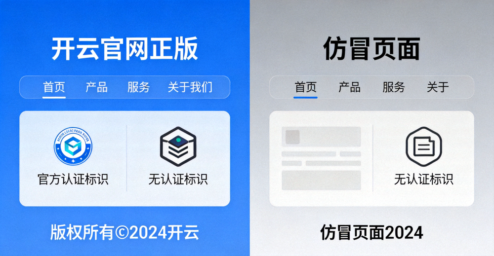 开云官网正版页面与仿冒页面整体布局对比示意图，左侧为官方蓝色主题界面，右侧为仿冒灰色界面