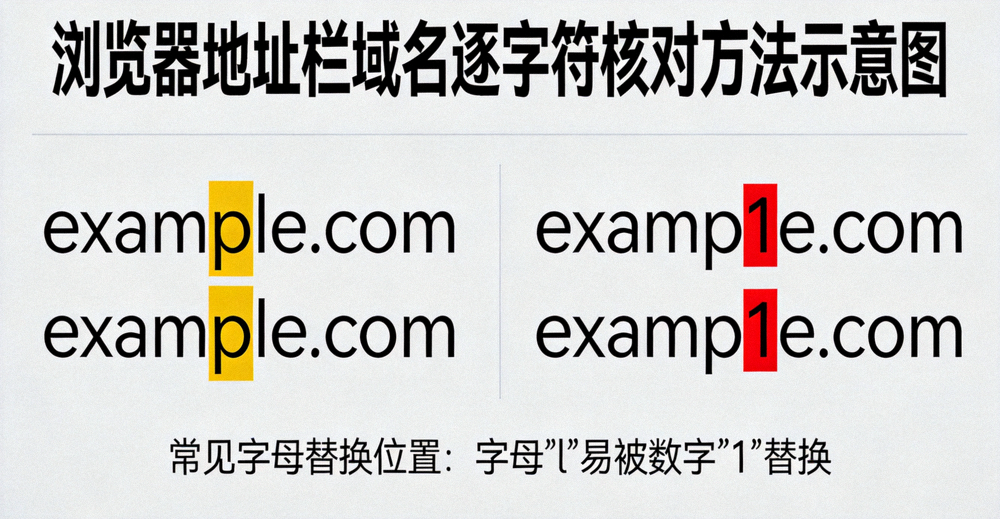 浏览器地址栏域名逐字符核对方法示意图，标注了仿冒域名常见的字母替换位置