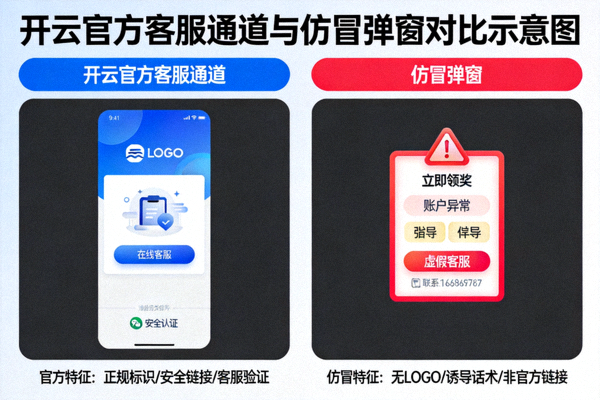 开云官方客服通道与仿冒弹窗对比示意图