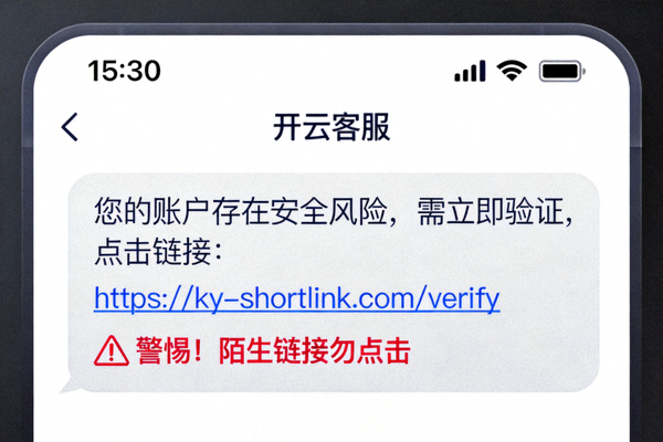 仿冒开云短信中的短链接示意，提醒用户不要随意点击陌生链接