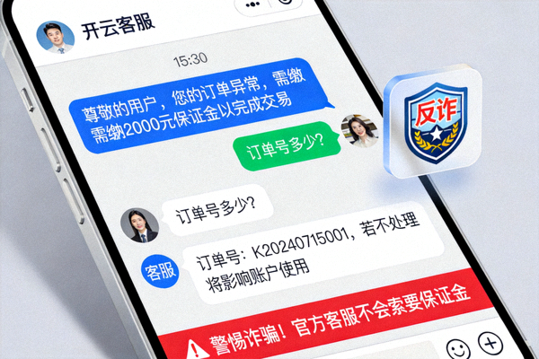 假冒开云客服索要费用的话术截图示意，提醒用户防范诈骗