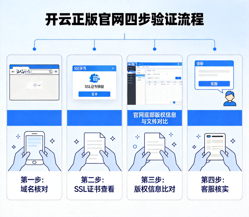 开云正版官网四步验证流程图，包含域名核对、SSL证书查看、版权信息比对与客服核实