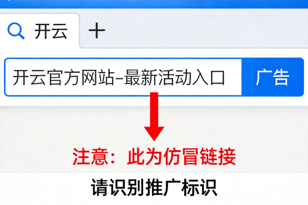 搜索引擎广告位中的仿冒开云链接示意，提示用户识别推广标识