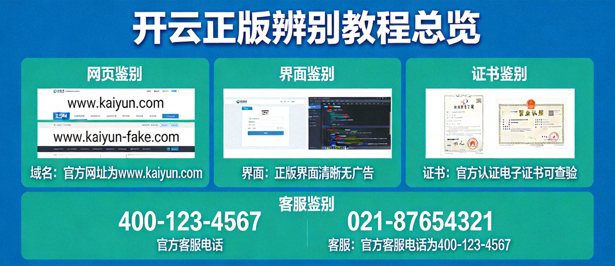 开云正版辨别教程总览信息图，展示域名、界面、证书、客服四个辨别维度