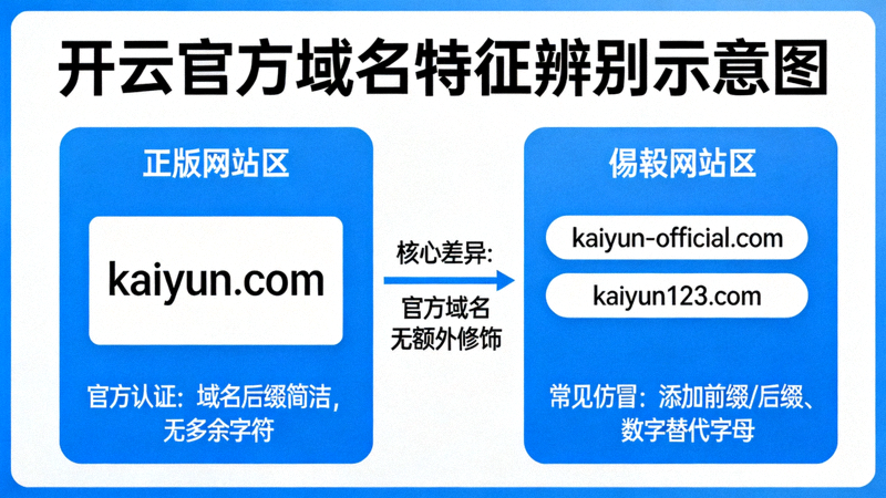 开云官方域名特征辨别示意图，展示正版域名结构与常见仿冒域名对比
