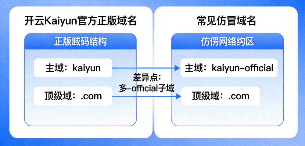 开云Kaiyun官方域名结构对比示意图，展示正版域名与仿冒域名的字符差异