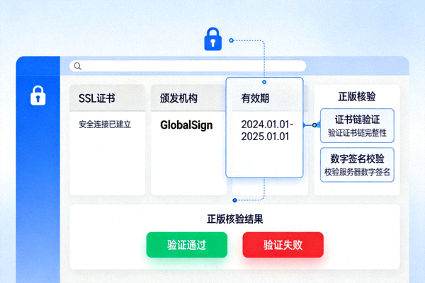 查看浏览器地址栏SSL证书颁发信息进行正版核验的示意图