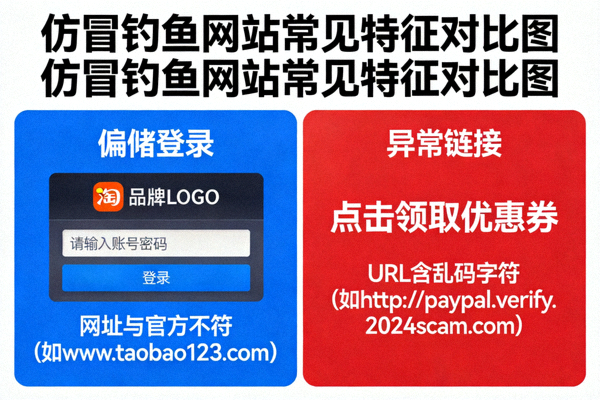 仿冒钓鱼网站常见特征对比图，包含虚假登录框与异常链接