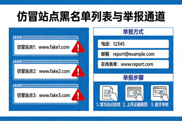 仿冒站点黑名单列表与举报通道示意图