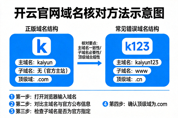 开云官网域名核对方法示意图，展示正版域名结构对比