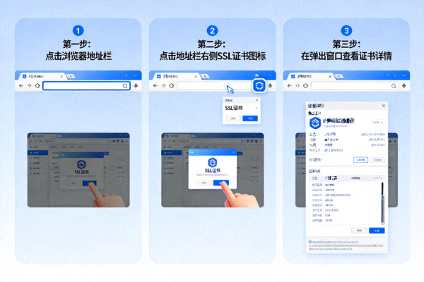 浏览器地址栏SSL证书查看步骤截图示意