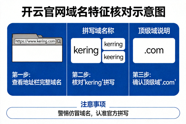 开云官网域名特征核对示意图，展示地址栏拼写比对方法