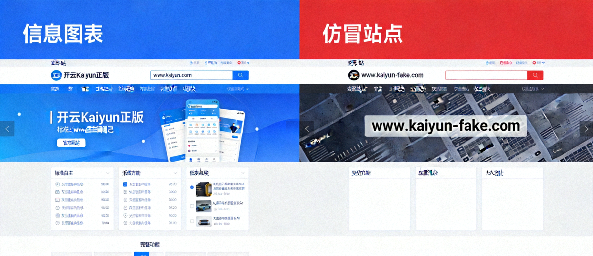 开云Kaiyun正版页面界面标识与仿冒站点对比示意图