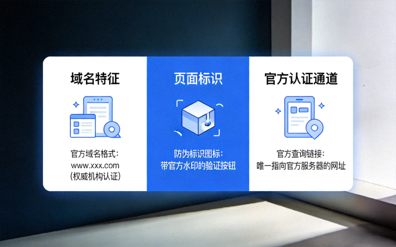 官方防伪查询三大核验维度示意图：域名特征、页面标识、官方认证通道