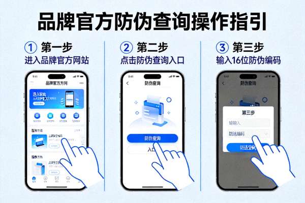 进入品牌官方防伪查询入口并输入防伪编码的操作示意