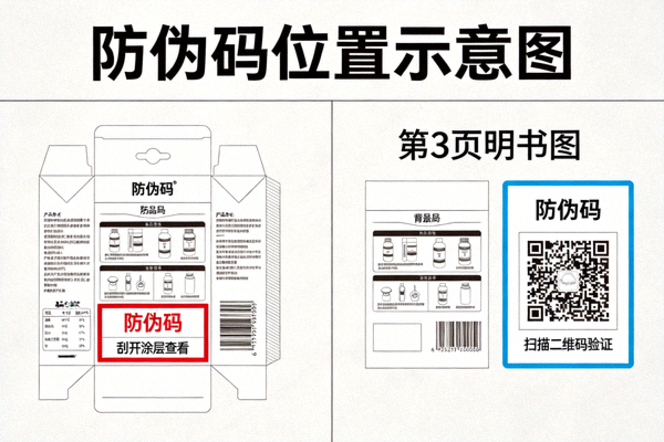 在商品包装或说明书上寻找防伪码位置的示意图