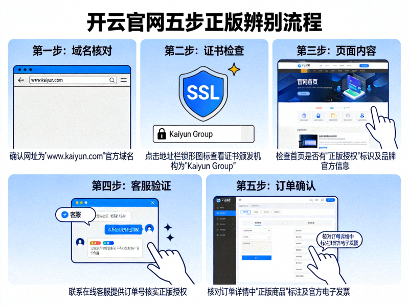 开云官网五步正版辨别流程示意图，包含域名核对与证书检查